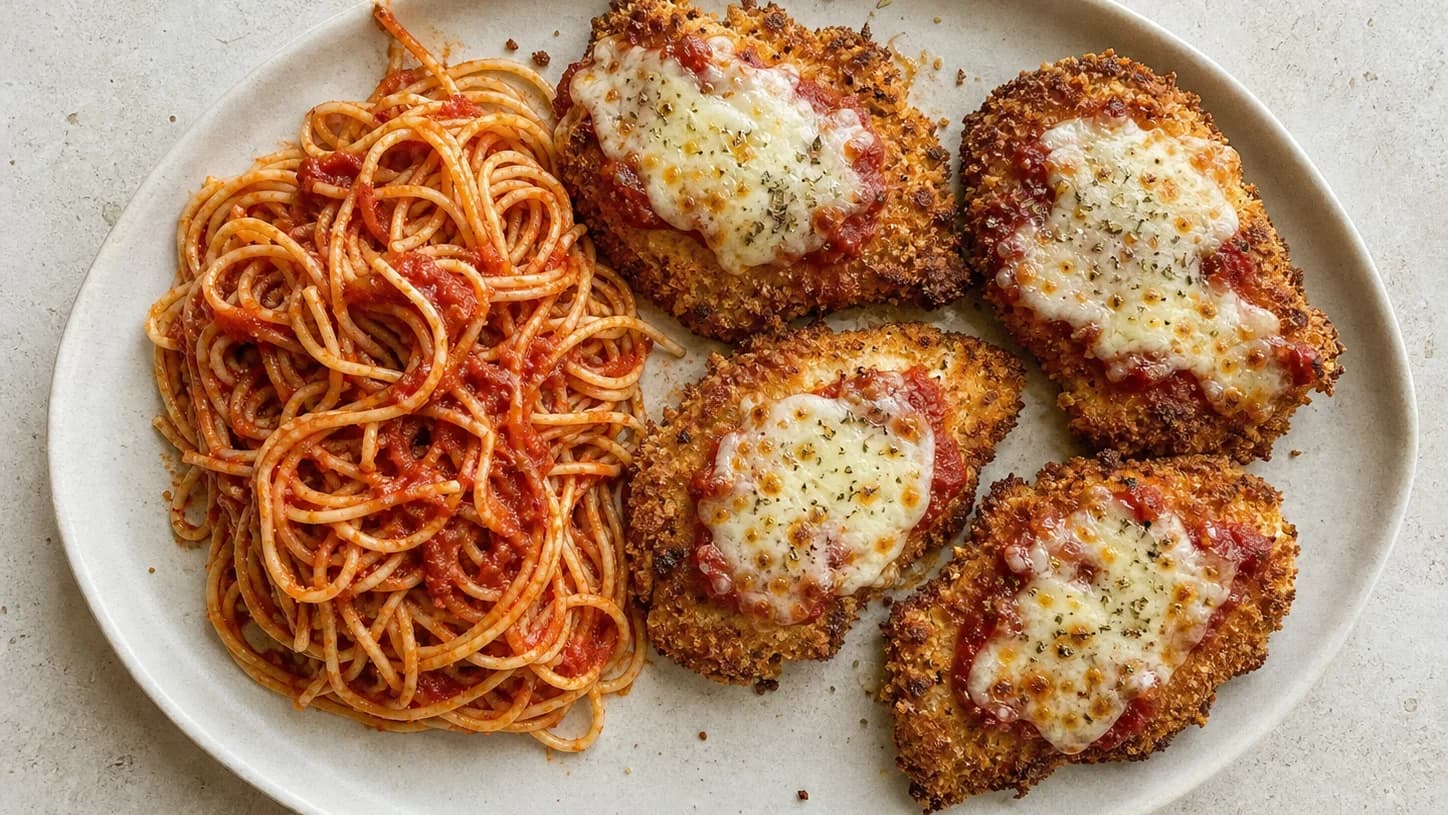 Overhead view of air-fryer chicken parmesan & tomato pasta, served as a family dinner.