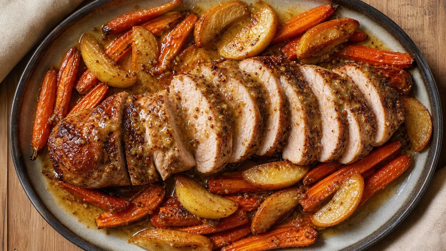 Overhead view of apple-mustard pork tenderloin & carrots, served as a family dinner.