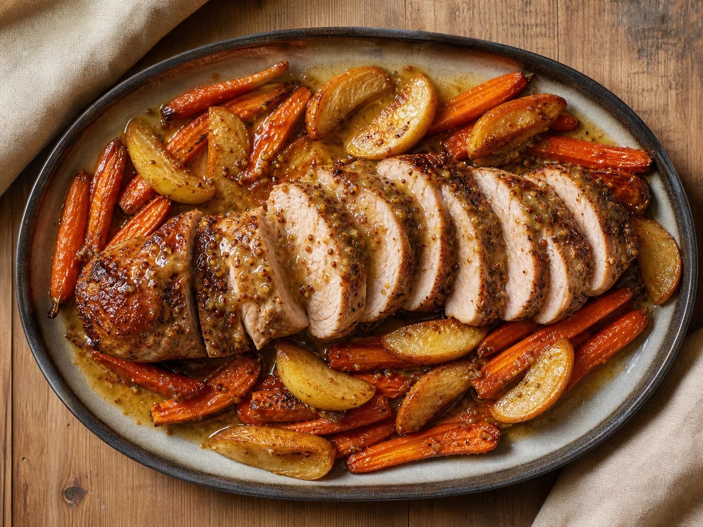 Overhead view of apple-mustard pork tenderloin & carrots, served as a family dinner.