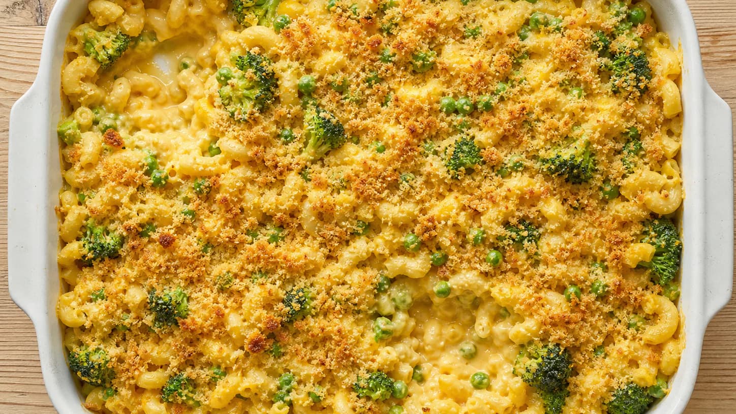 Baked cheddar macaroni with green peas, broccoli and a lightly browned breadcrumb top.