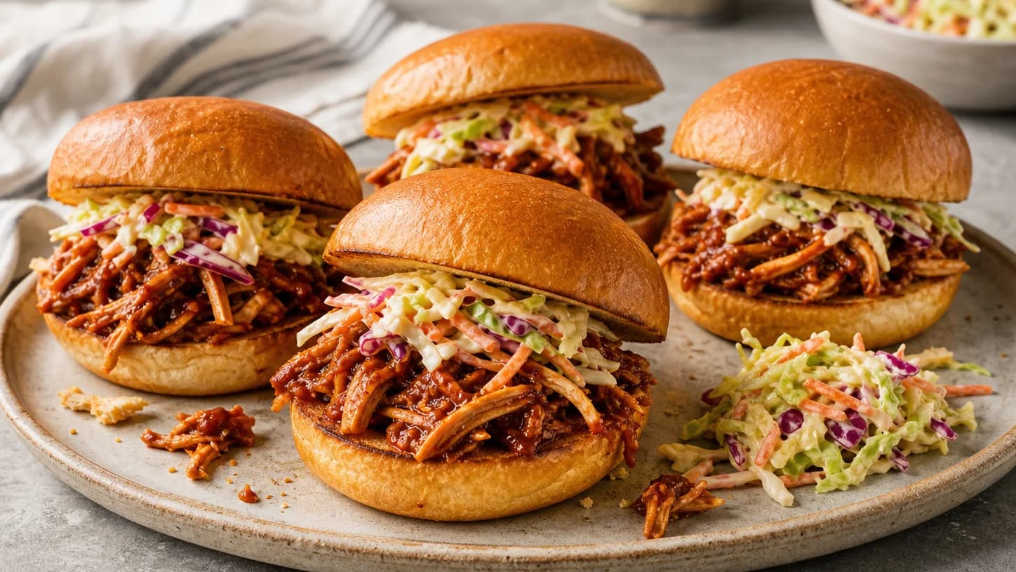 Overhead view of bbq pulled chicken sandwiches & slaw, served as a family dinner.
