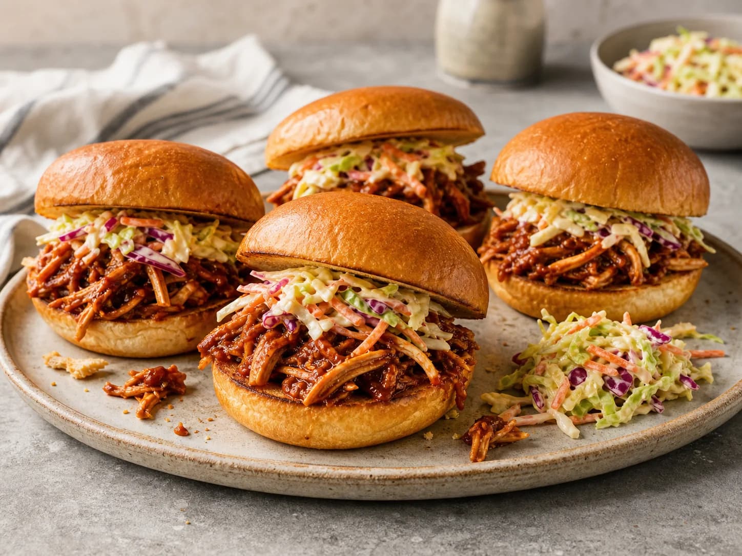 Overhead view of bbq pulled chicken sandwiches & slaw, served as a family dinner.