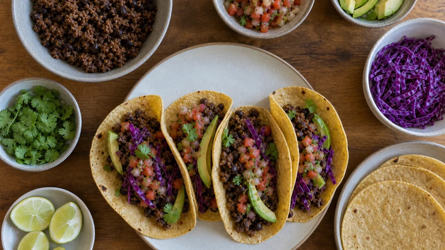 Four corn tacos filled with seasoned beef, black beans, cabbage, pico de gallo and avocado.
