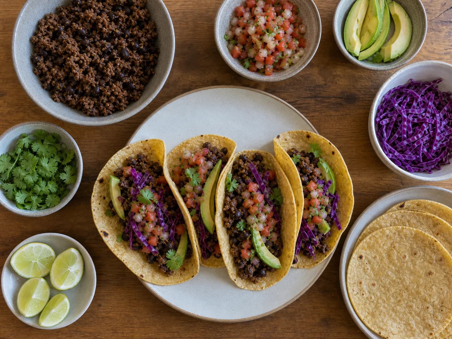Four corn tacos filled with seasoned beef, black beans, cabbage, pico de gallo and avocado.