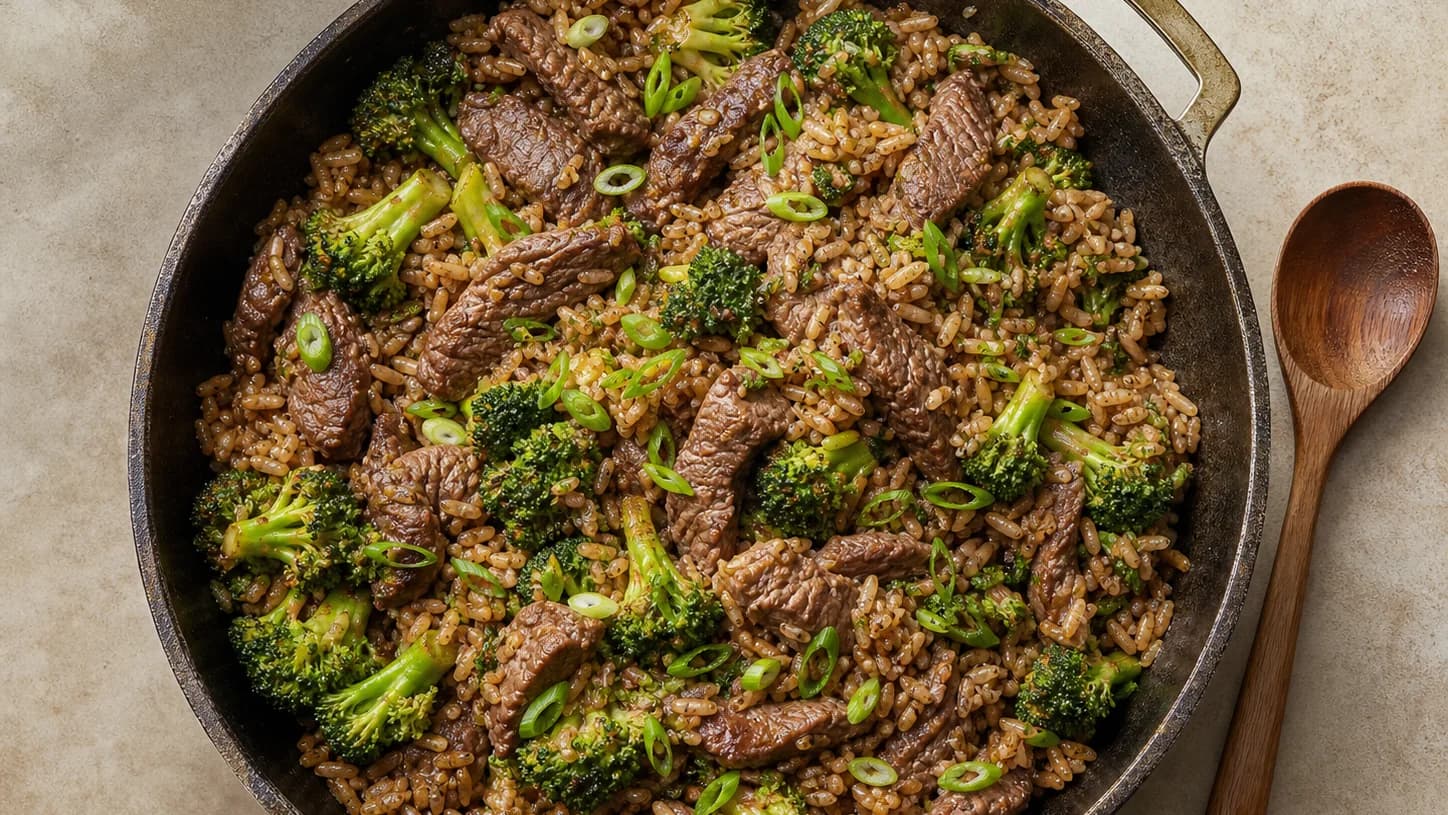 Overhead view of beef & broccoli rice skillet, served as a family dinner.