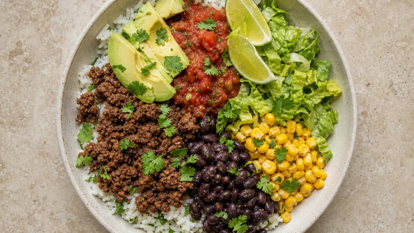Overhead view of beef burrito rice bowls, served as a family dinner.