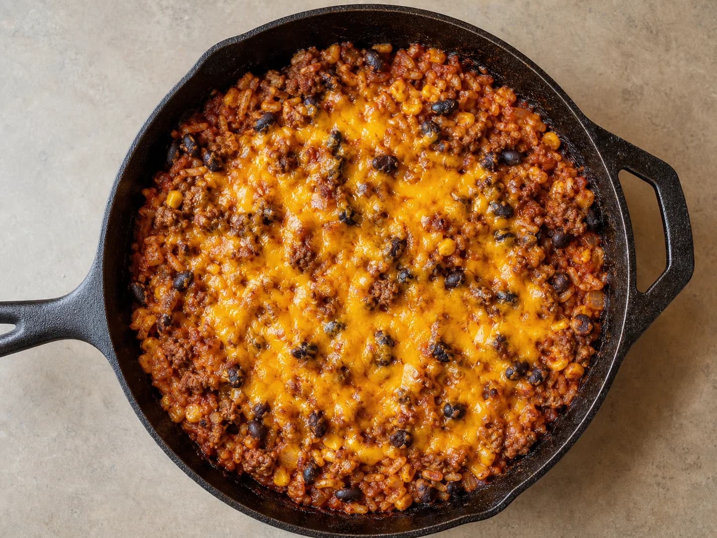 Overhead view of beef enchilada rice skillet, served as a family dinner.