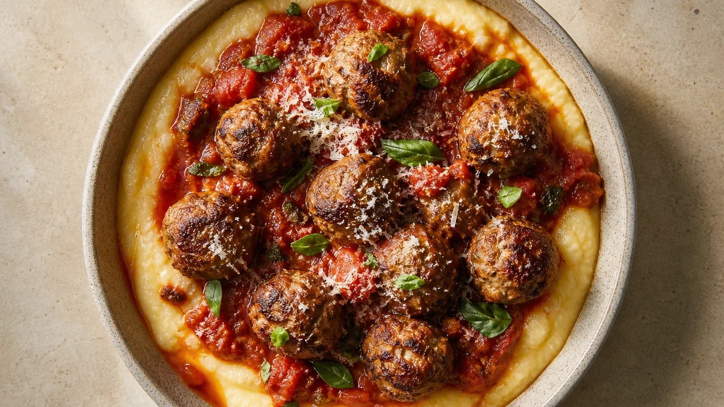 Overhead view of beef meatballs, tomato sauce & polenta, served as a family dinner.