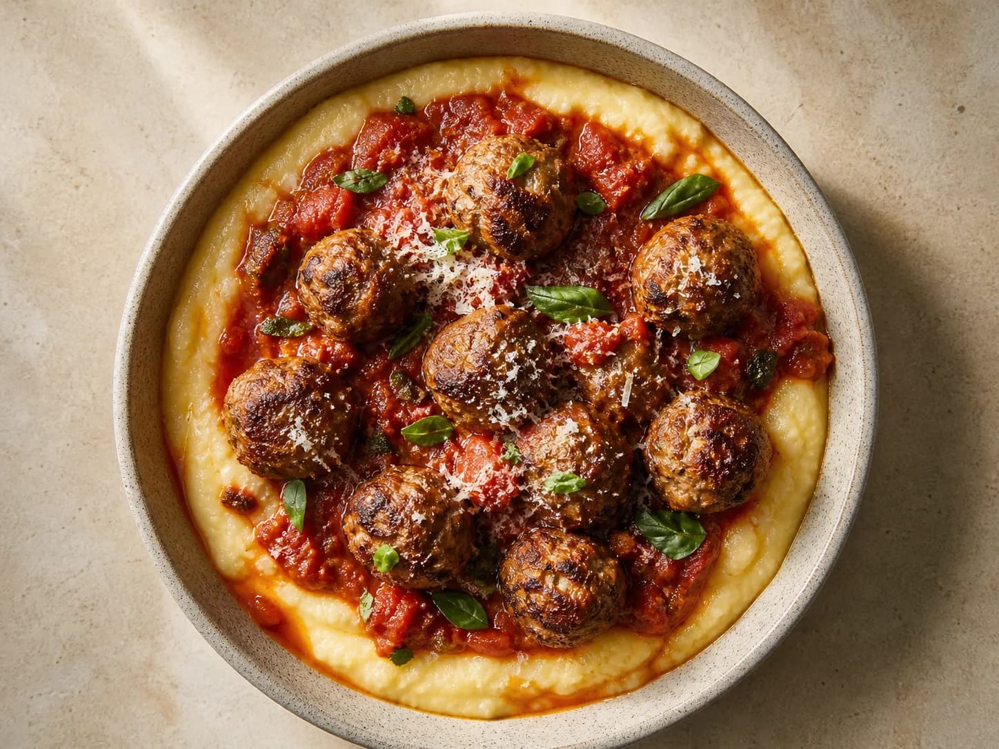 Overhead view of beef meatballs, tomato sauce & polenta, served as a family dinner.