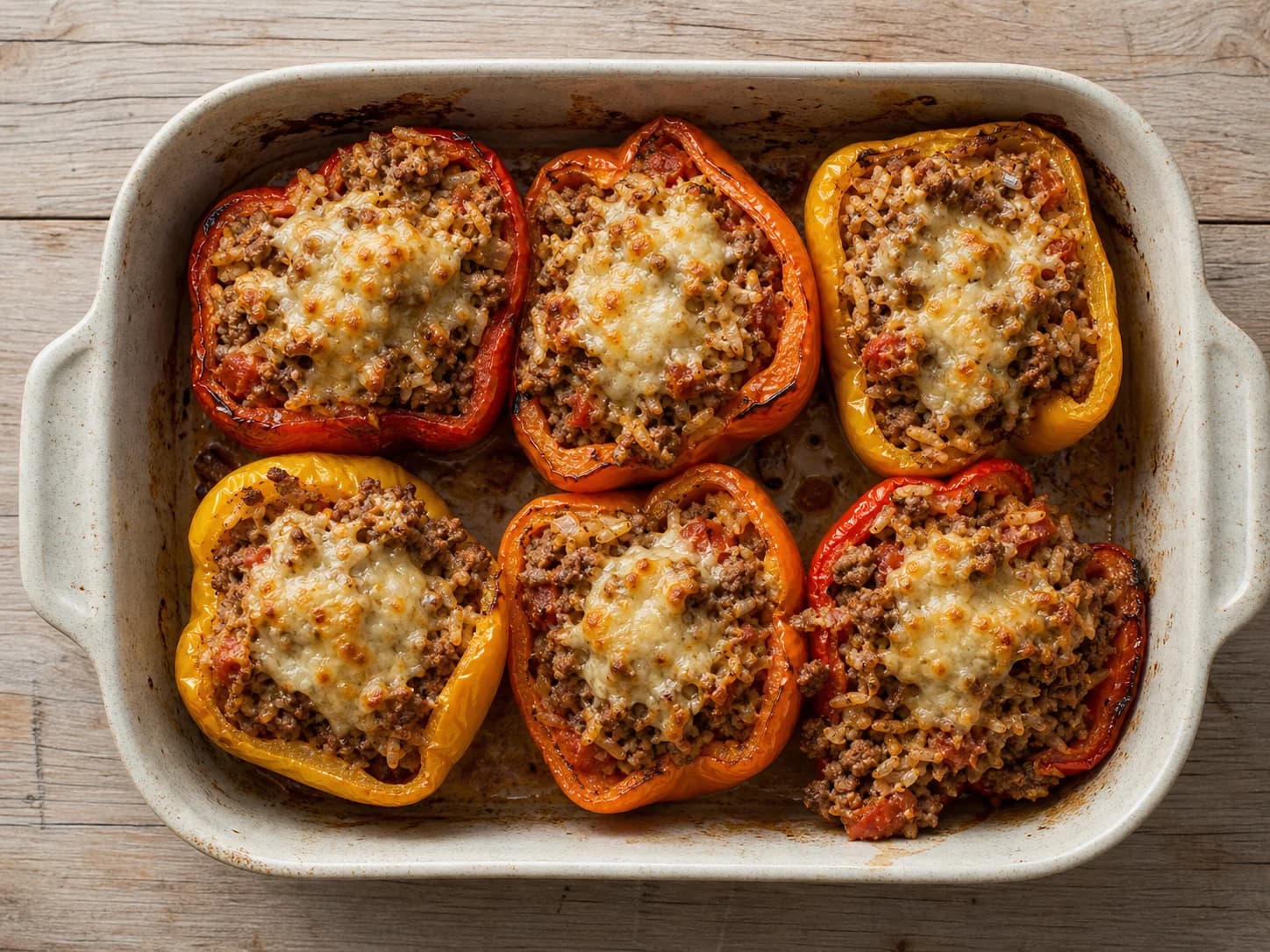 Overhead view of beef & rice stuffed peppers, served as a family dinner.