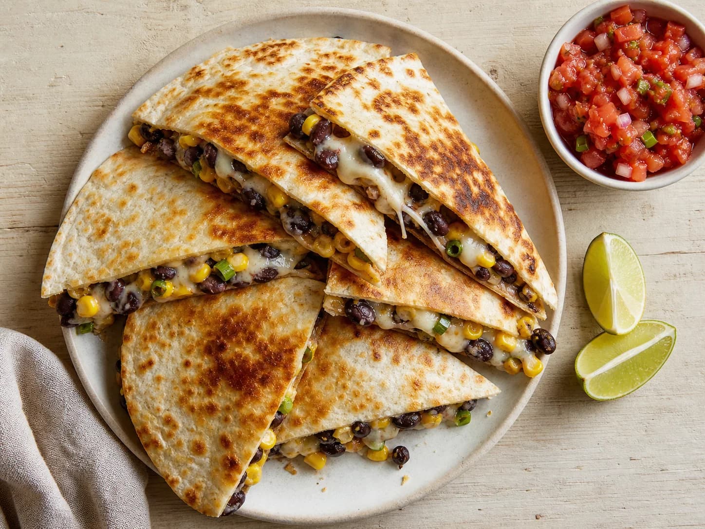 Overhead view of black-bean cheese quesadillas, served as a family dinner.