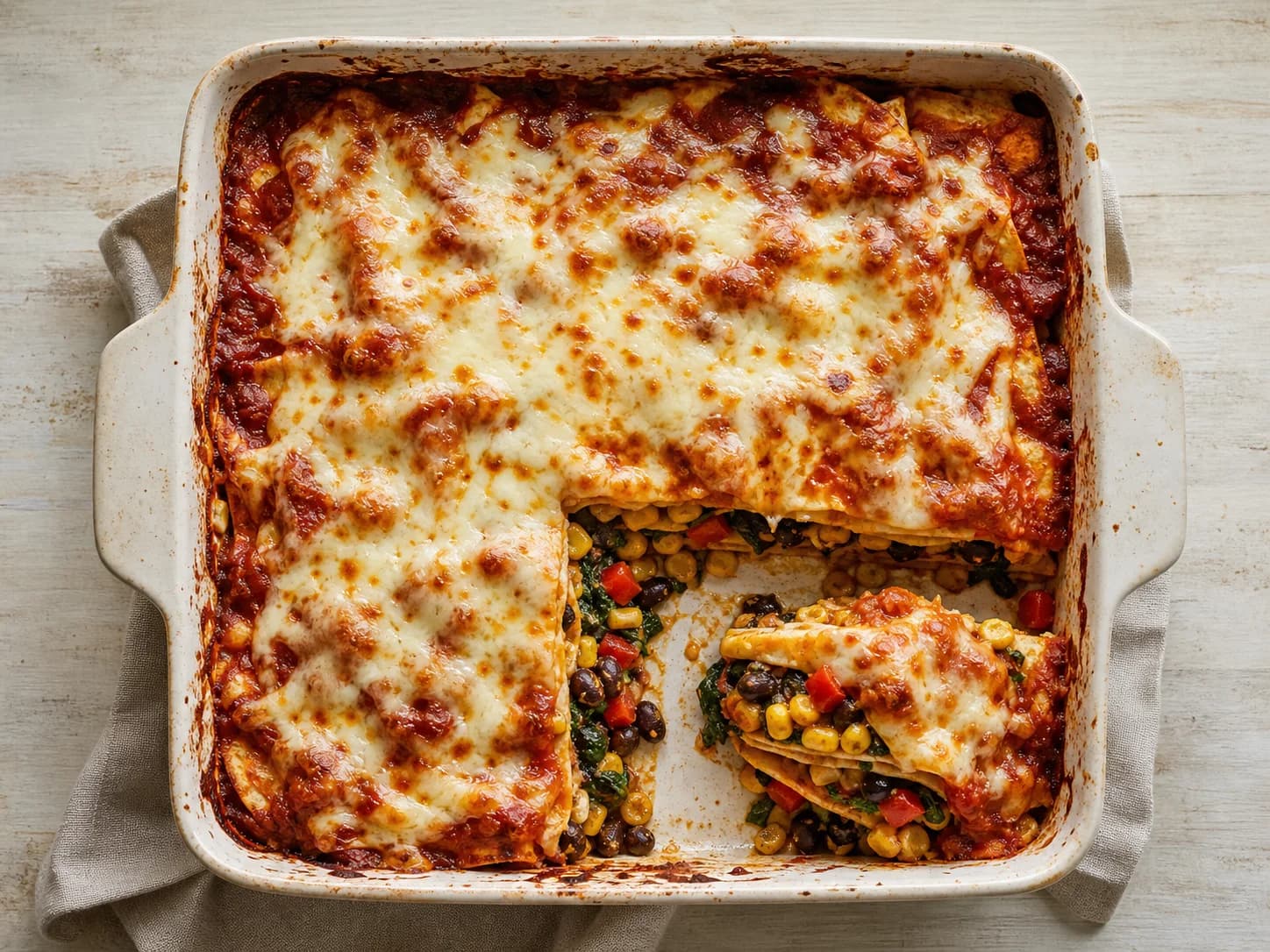 Overhead view of black-bean corn enchilada bake, served as a family dinner.
