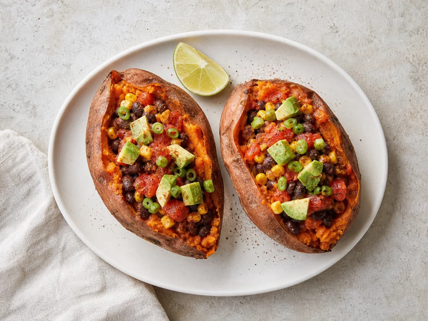 Overhead view of black-bean stuffed sweet potatoes, served as a family dinner.