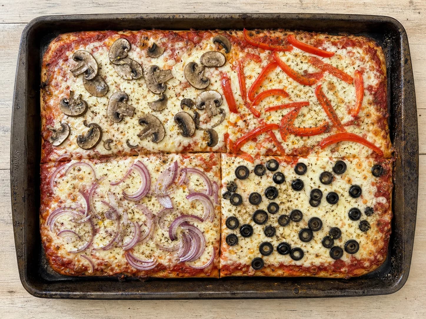 Overhead view of build-your-own sheet-pan pizza, served as a family dinner.