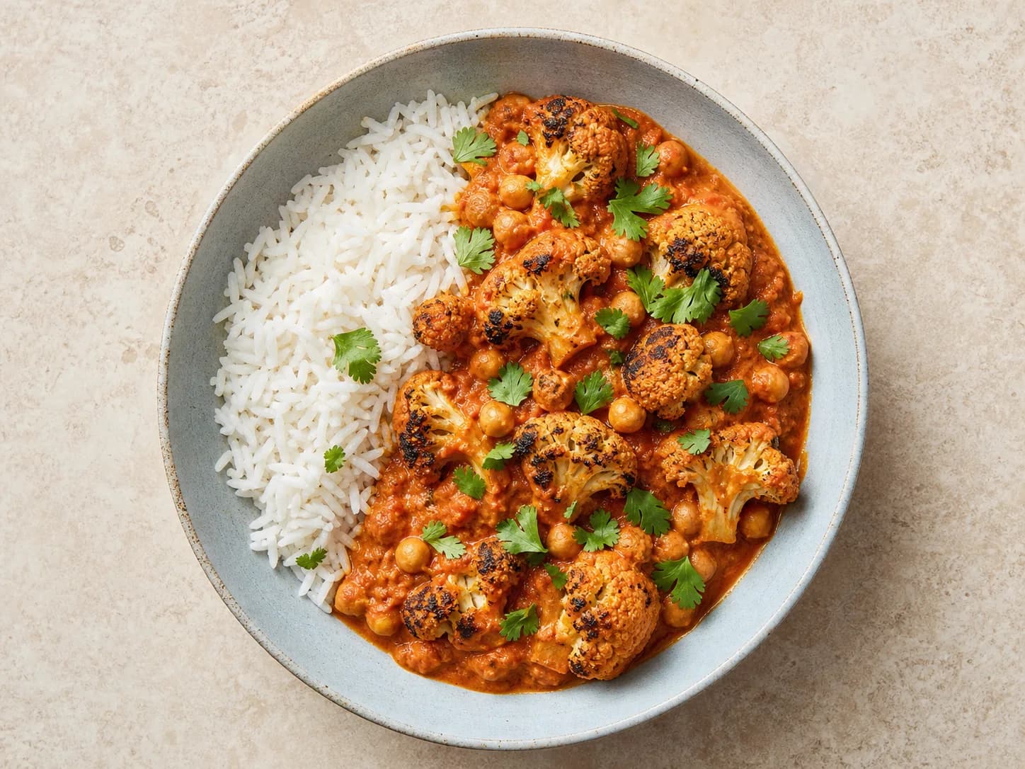 Overhead view of cauliflower-chickpea tikka masala & rice, served as a family dinner.