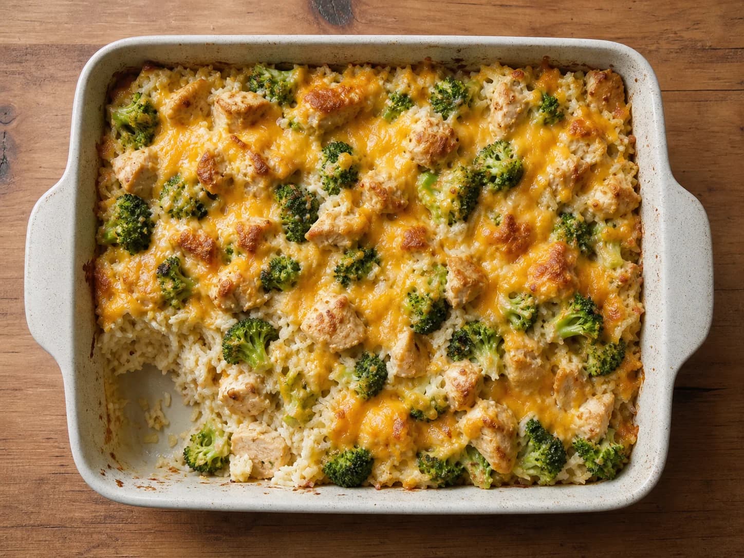 Overhead view of chicken-broccoli rice casserole, served as a family dinner.