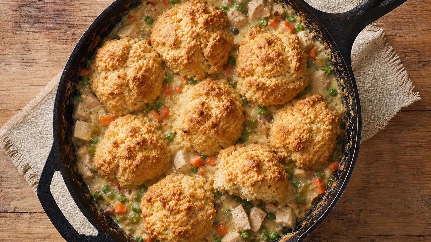 Overhead view of chicken pot-pie biscuit skillet, served as a family dinner.