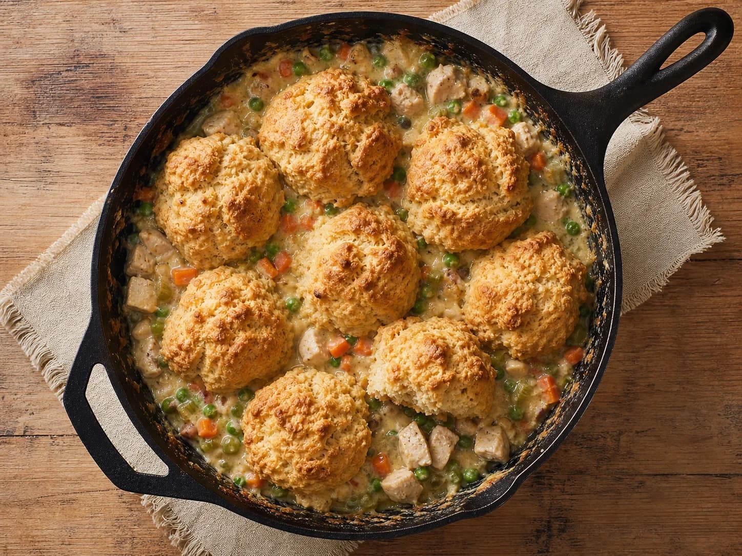 Overhead view of chicken pot-pie biscuit skillet, served as a family dinner.