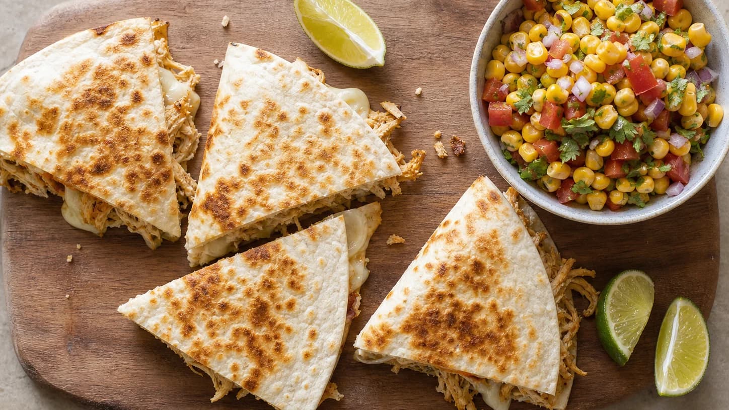 Overhead view of chicken quesadillas & corn salsa, served as a family dinner.