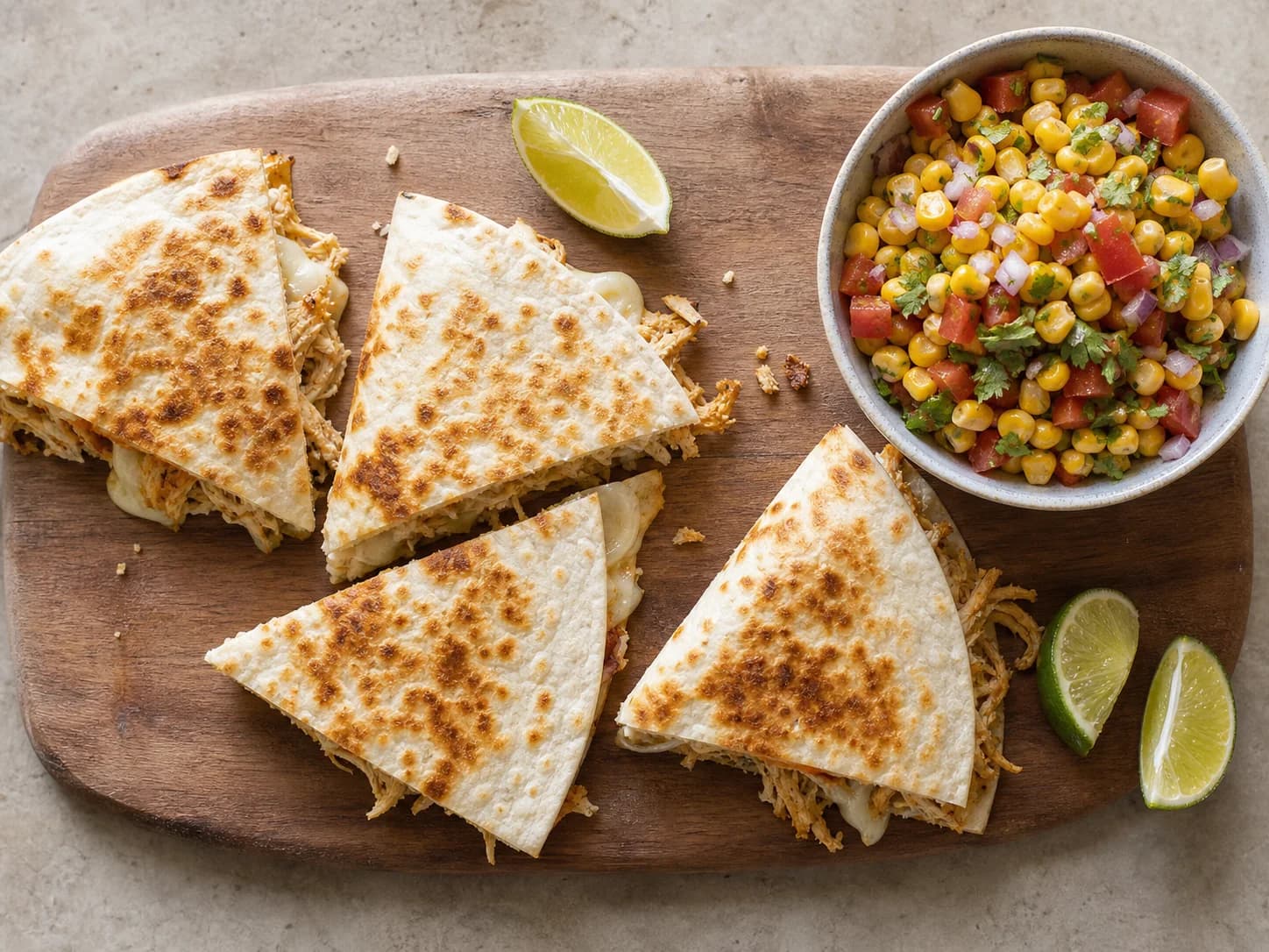 Overhead view of chicken quesadillas & corn salsa, served as a family dinner.