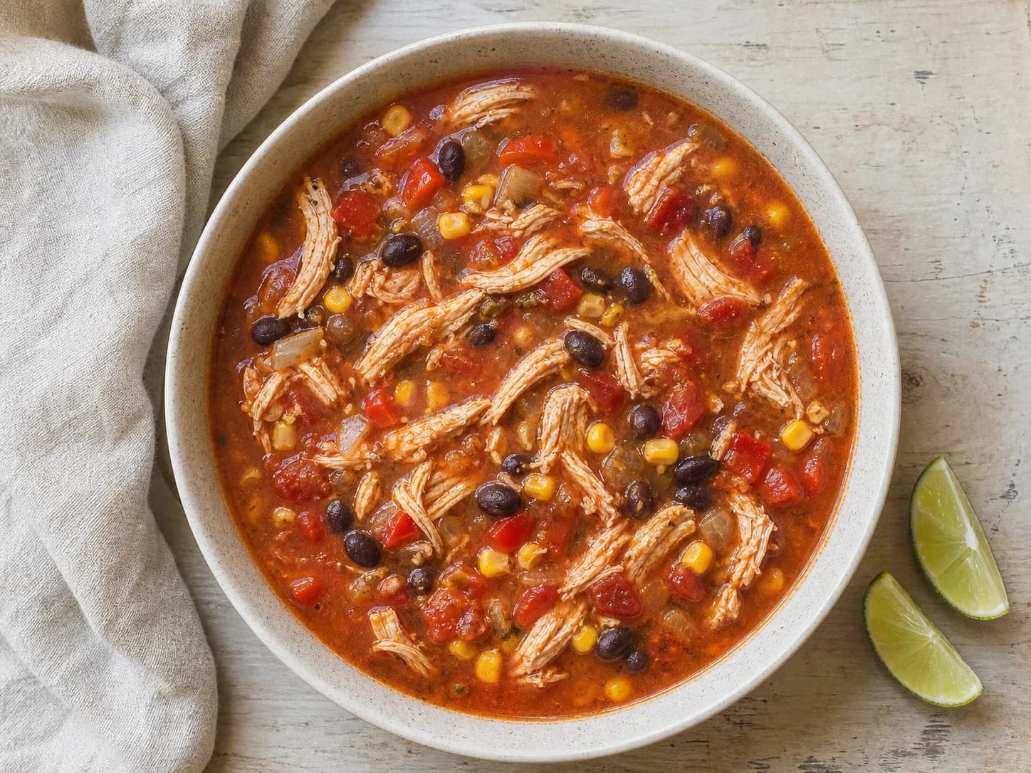 Overhead view of chicken taco soup, served as a family dinner.