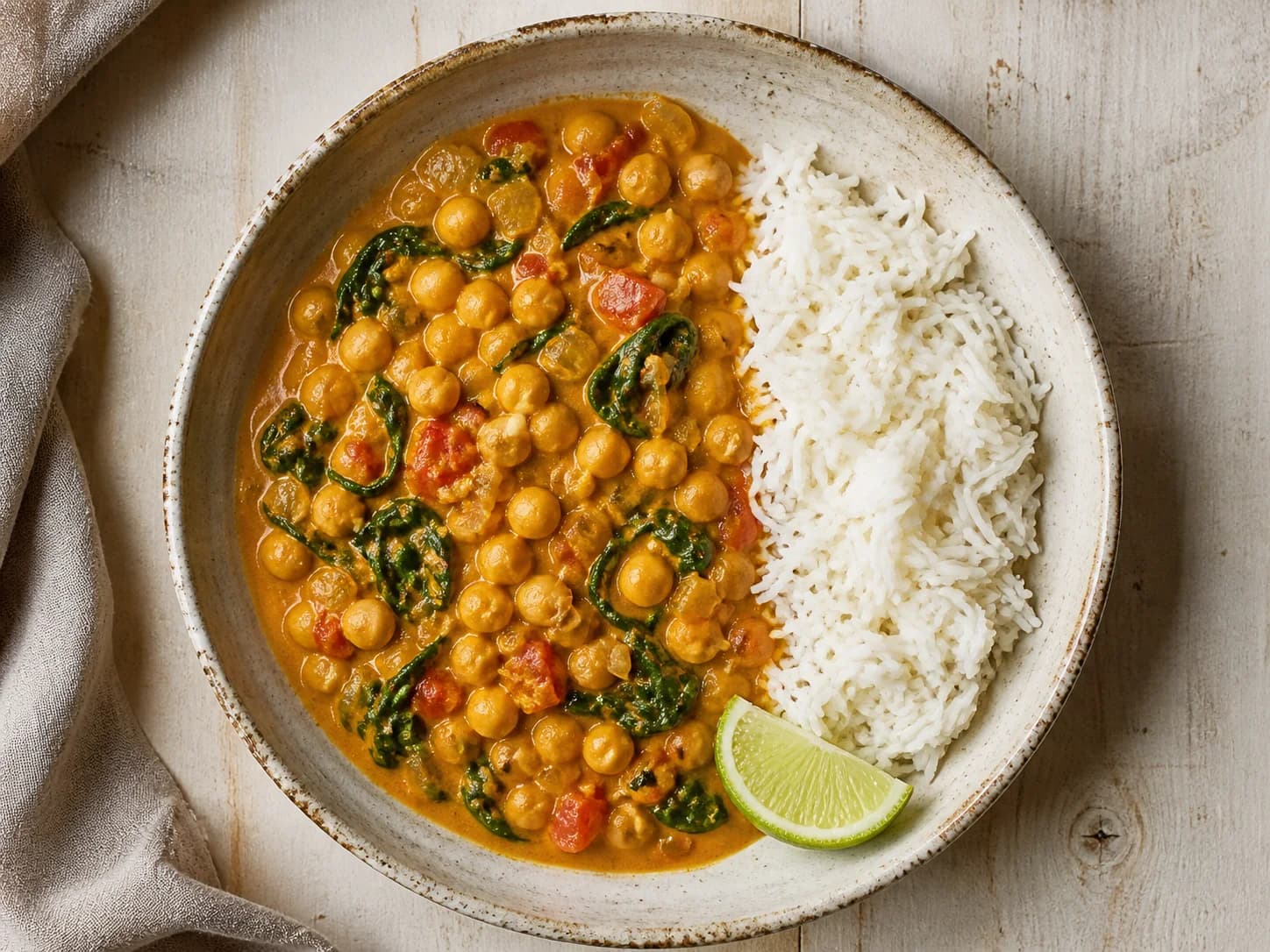 Overhead view of chickpea coconut curry & rice, served as a family dinner.