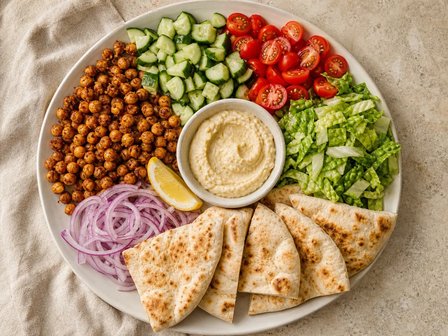 Overhead view of chickpea shawarma pita plates, served as a family dinner.