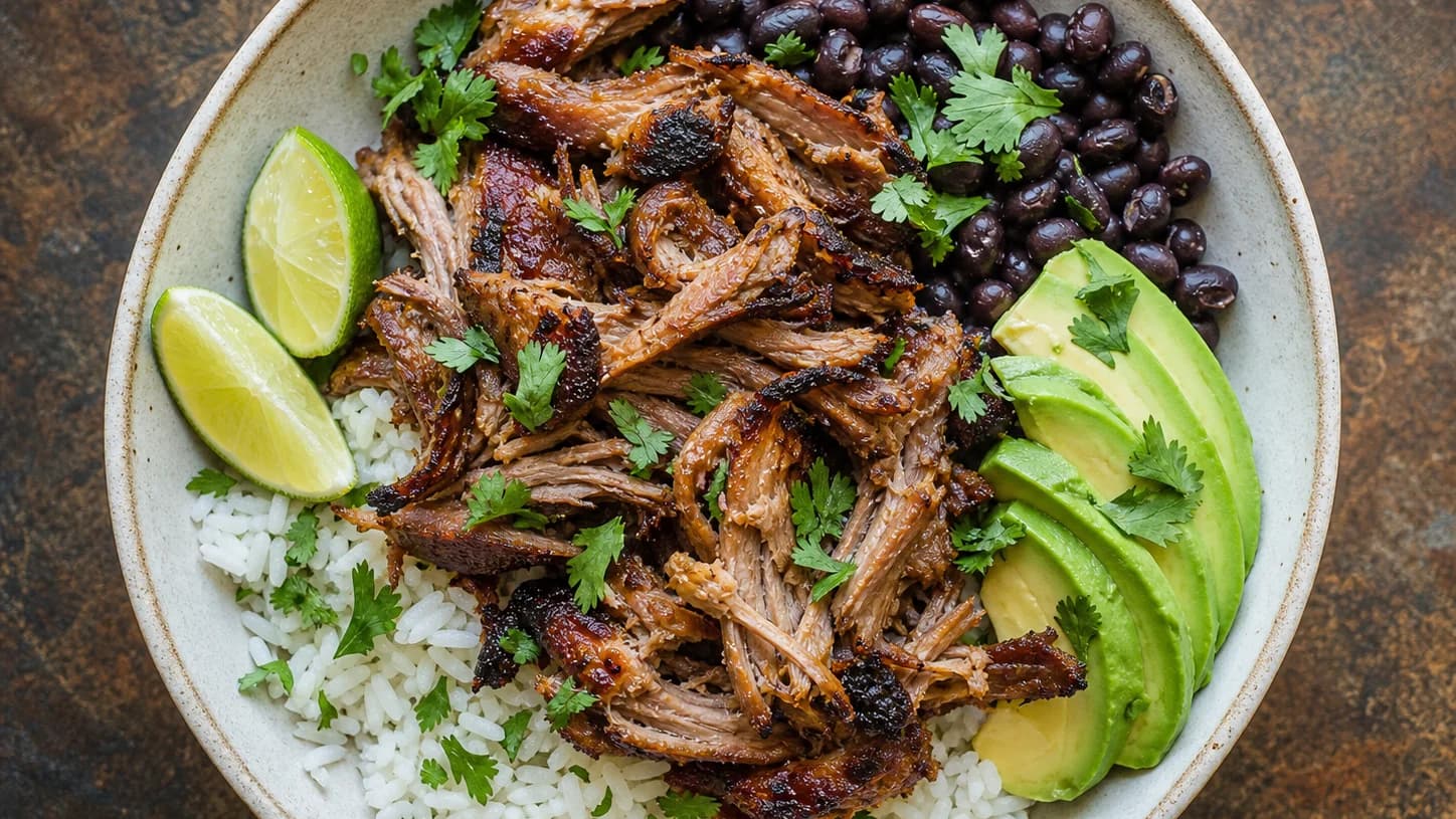Overhead view of citrus pork carnitas bowls, served as a family dinner.