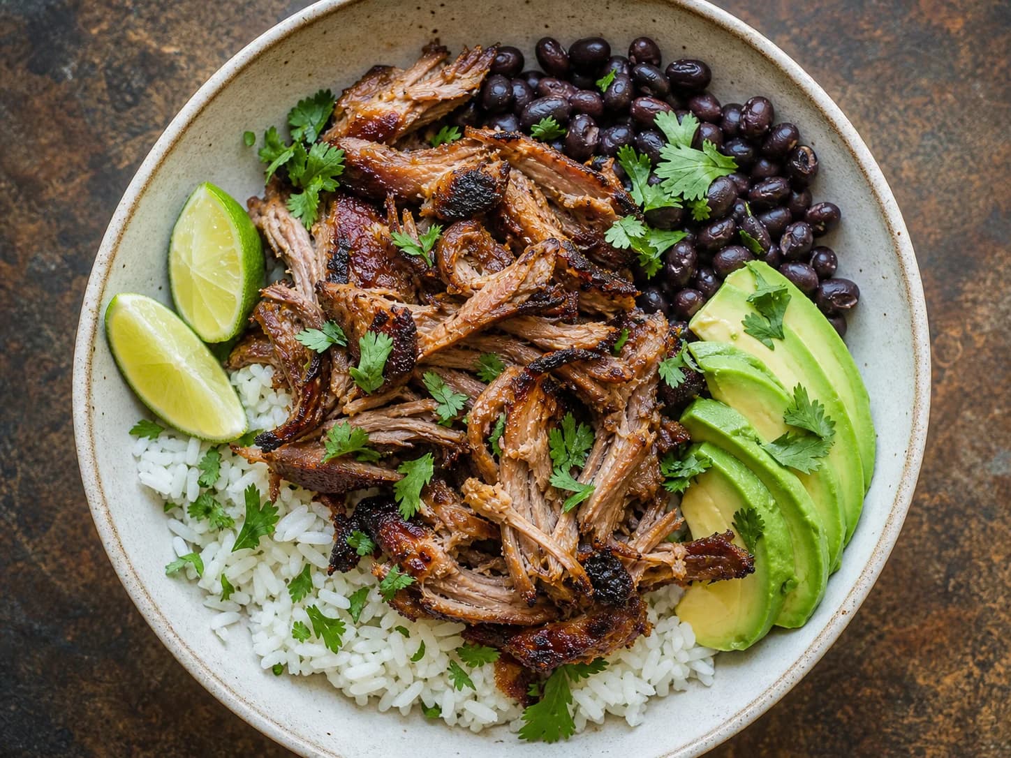 Overhead view of citrus pork carnitas bowls, served as a family dinner.