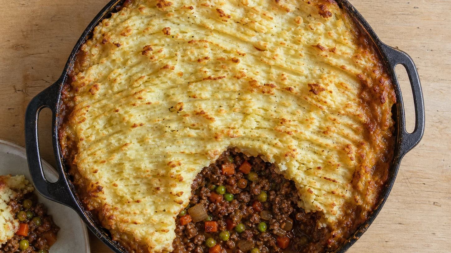 Overhead view of cottage pie with beef & vegetables, served as a family dinner.