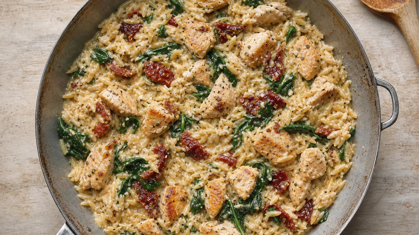 Overhead view of creamy sun-dried tomato chicken & orzo, served as a family dinner.