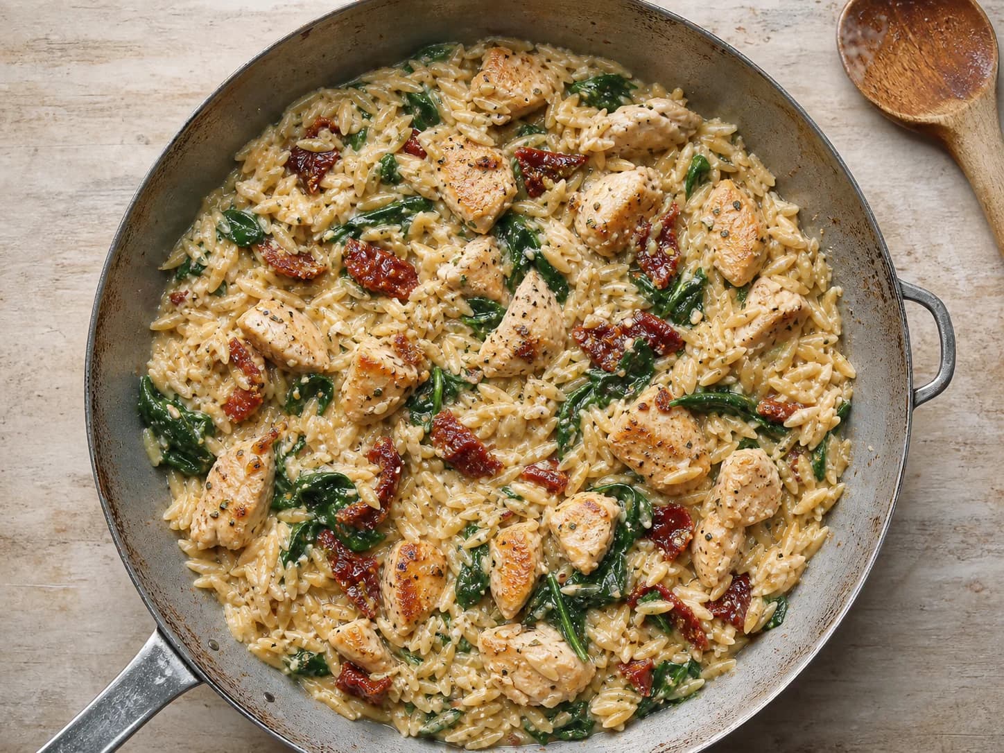 Overhead view of creamy sun-dried tomato chicken & orzo, served as a family dinner.