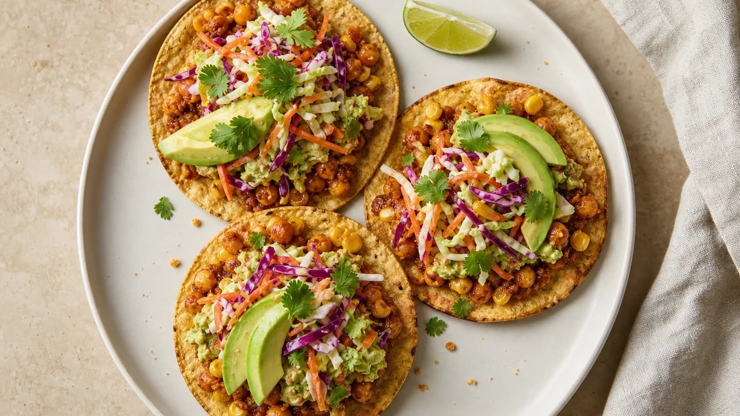 Overhead view of crispy chickpea-corn tostadas & avocado slaw, served as a family dinner.