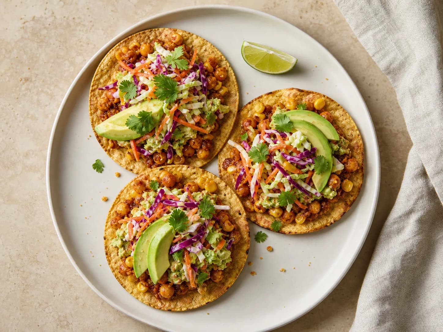 Overhead view of crispy chickpea-corn tostadas & avocado slaw, served as a family dinner.
