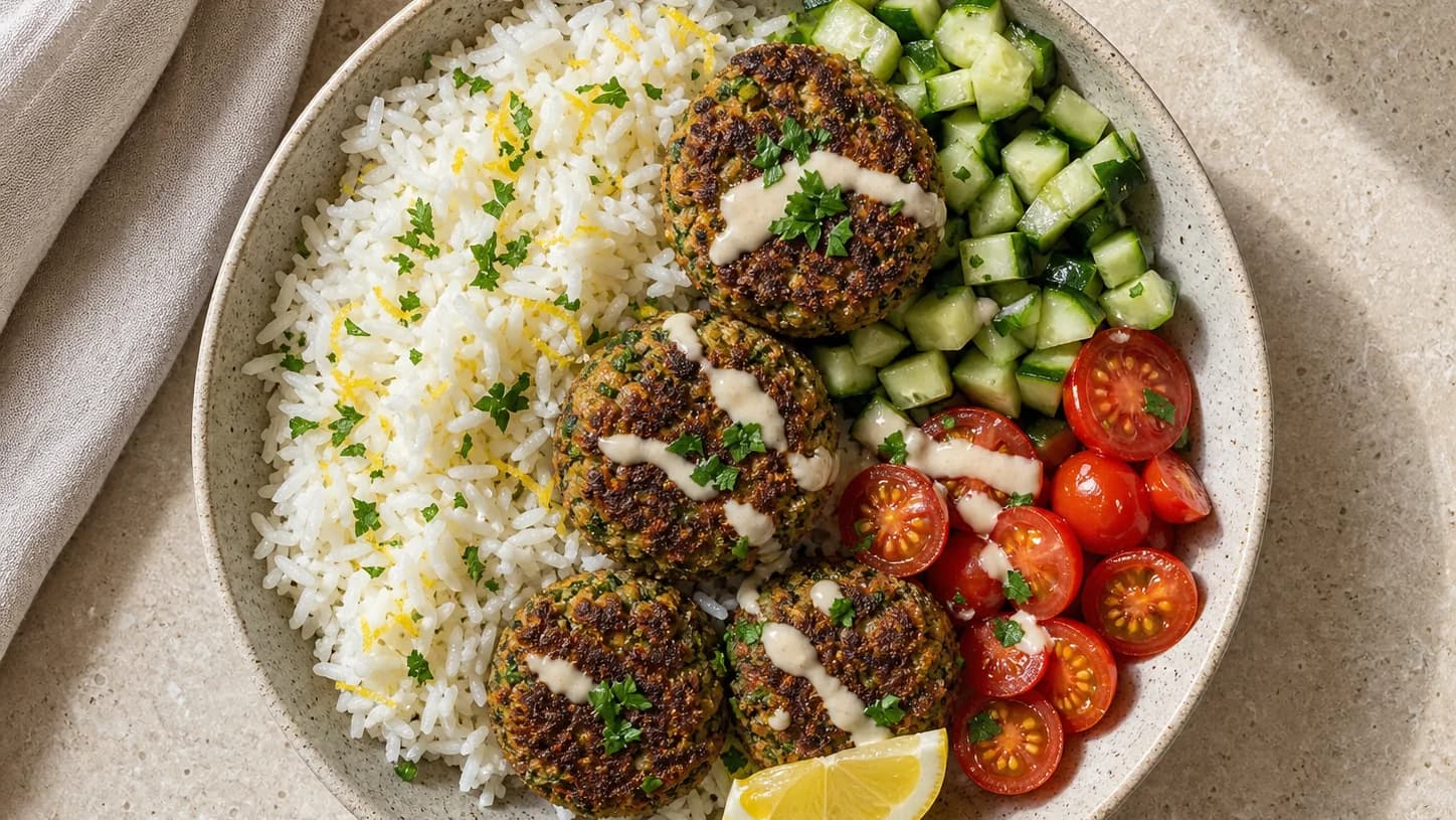 Overhead view of crispy falafel bowls & lemon rice, served as a family dinner.