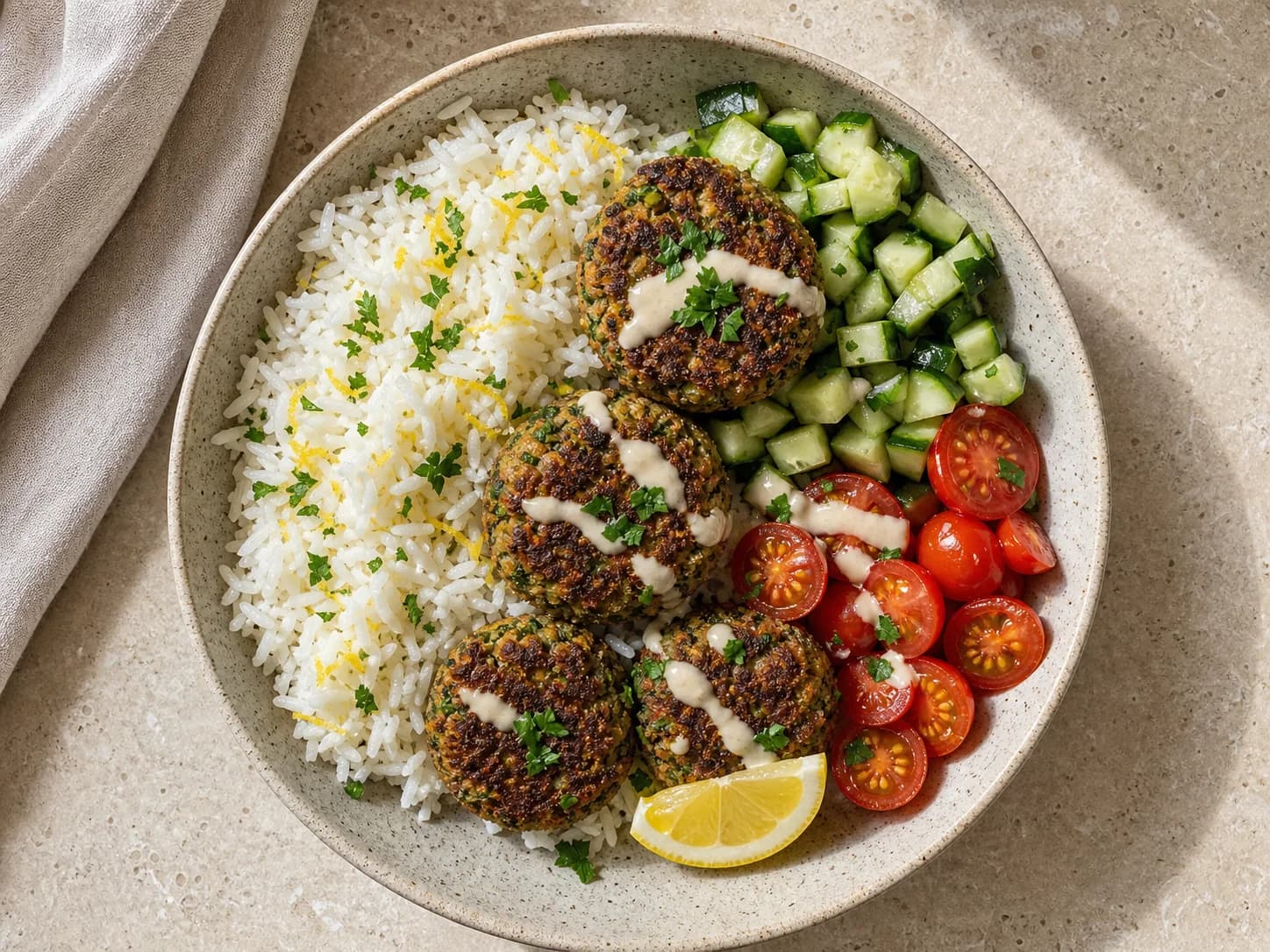 Overhead view of crispy falafel bowls & lemon rice, served as a family dinner.