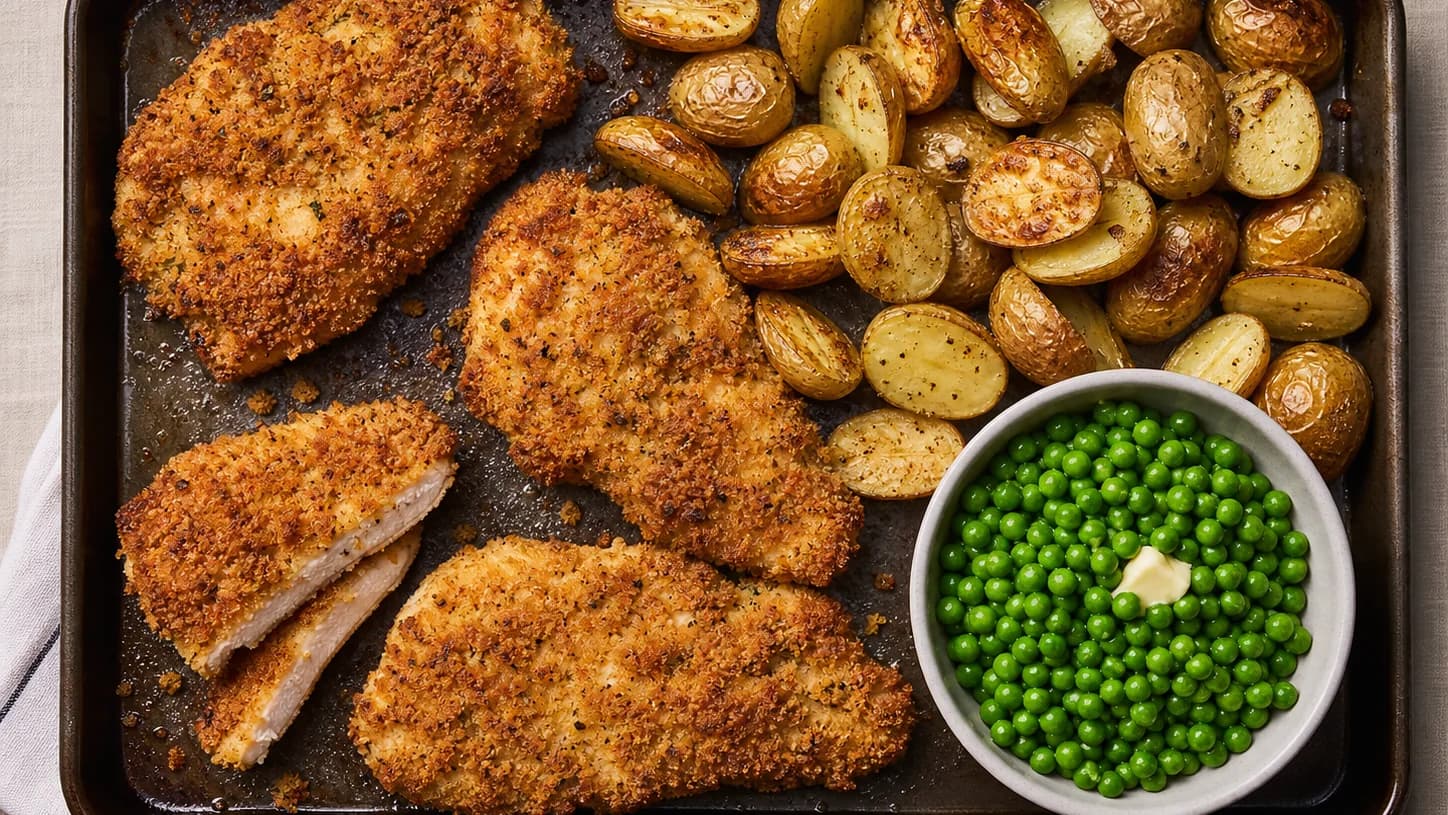 Overhead view of crispy oven chicken cutlets, potatoes & peas, served as a family dinner.