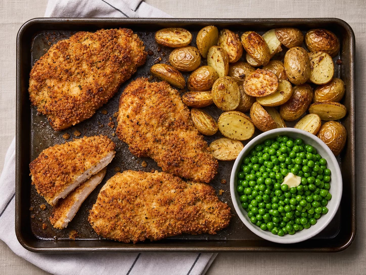 Overhead view of crispy oven chicken cutlets, potatoes & peas, served as a family dinner.
