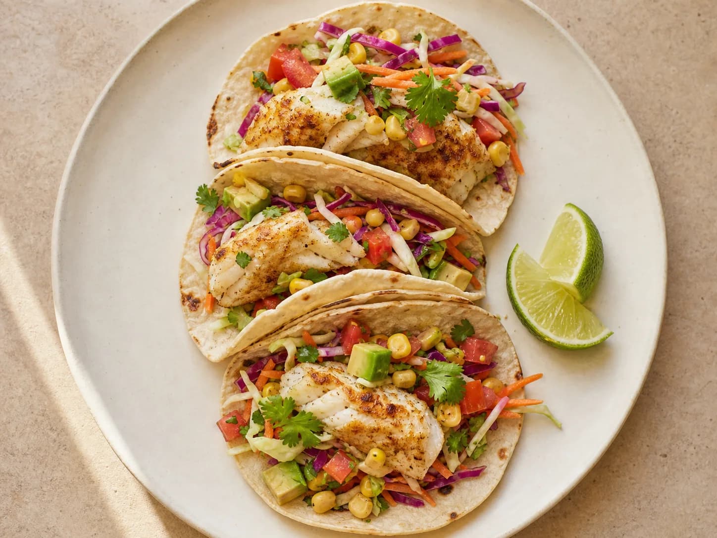 Overhead view of fish tacos & cabbage-corn salsa, served as a family dinner.
