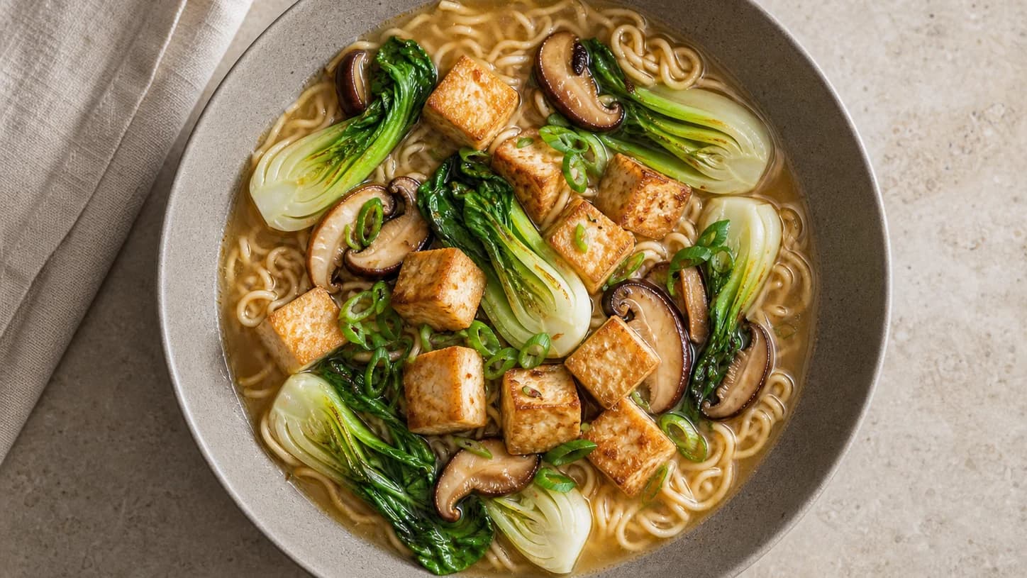 Overhead view of ginger-sesame tofu ramen bowls, served as a family dinner.
