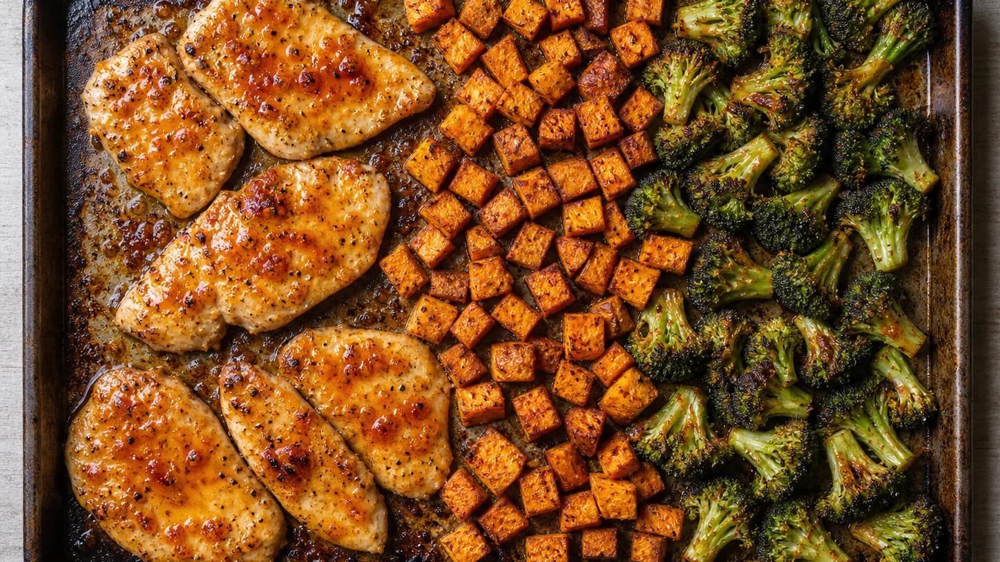 Overhead view of hot-honey chicken, sweet potatoes & broccoli, served as a family dinner.