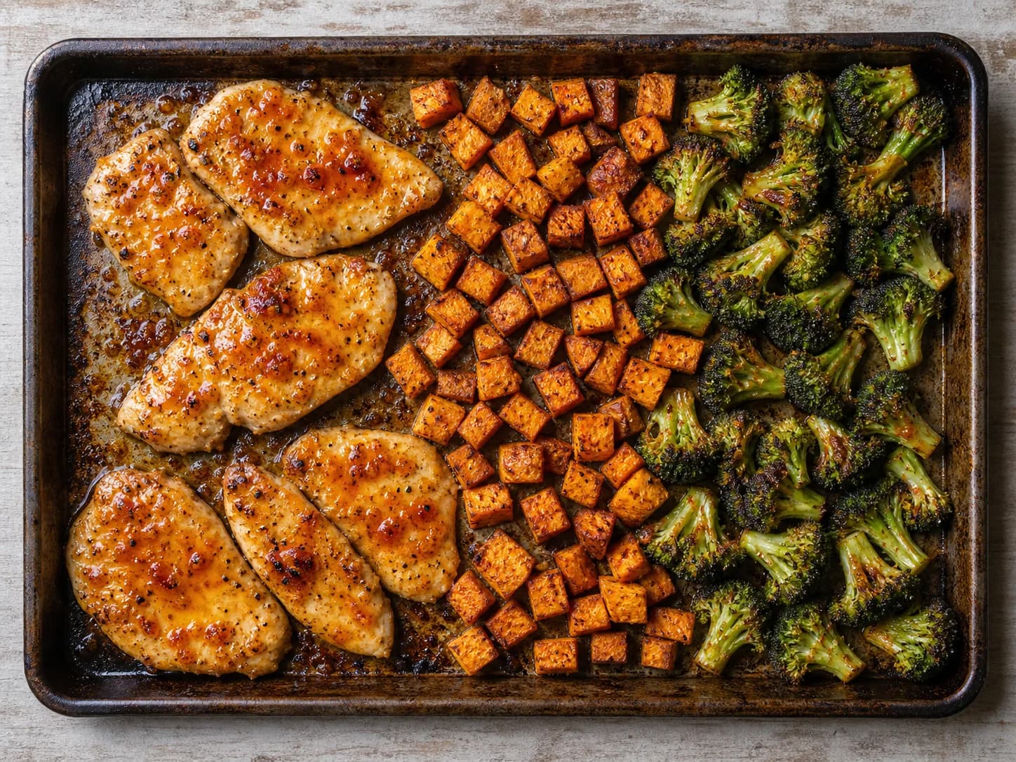 Overhead view of hot-honey chicken, sweet potatoes & broccoli, served as a family dinner.