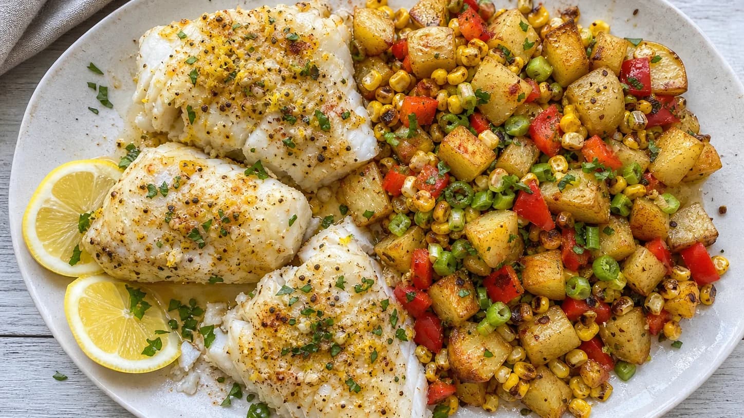 Overhead view of lemon-baked white fish & corn-potato hash, served as a family dinner.