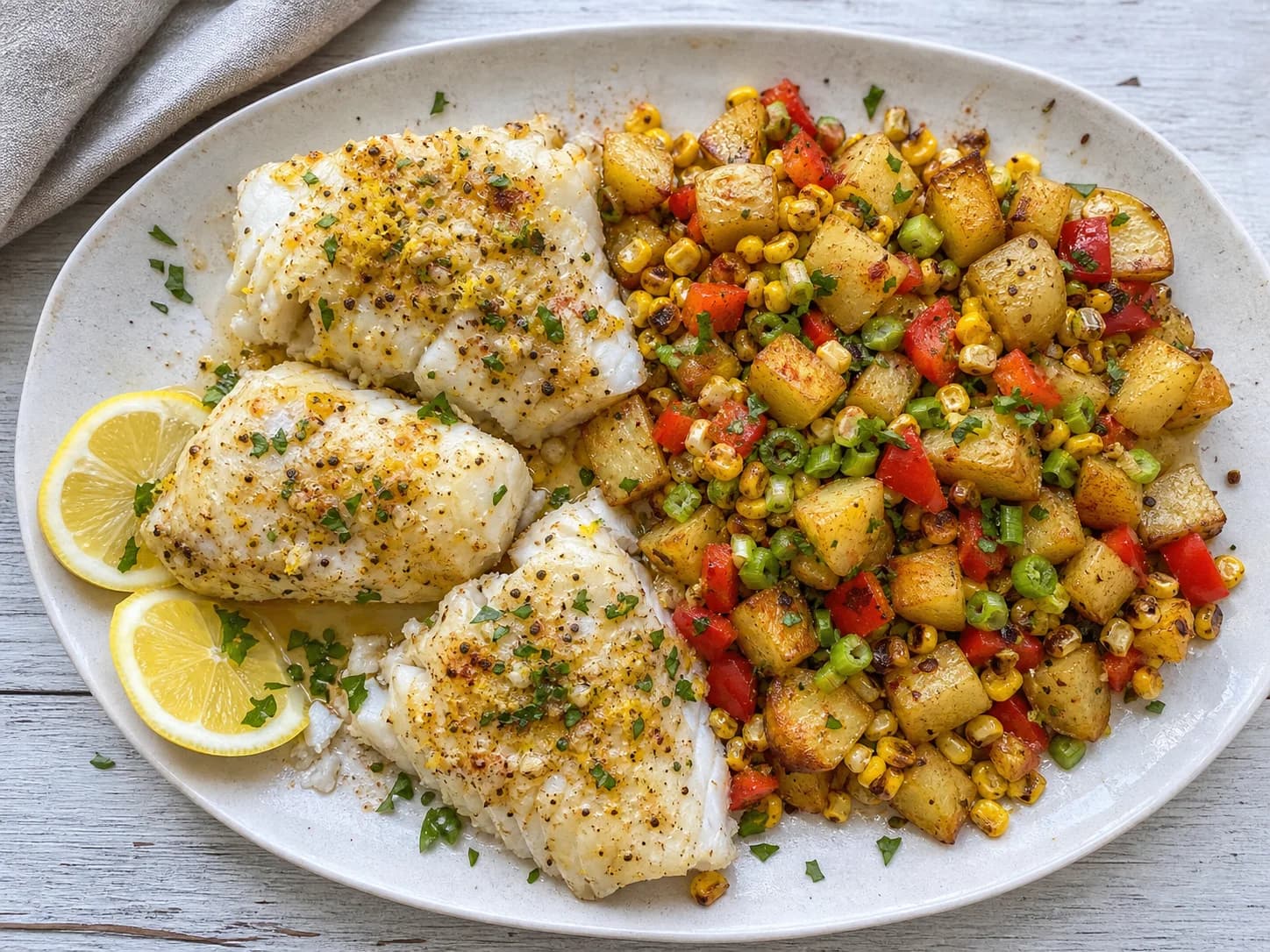 Overhead view of lemon-baked white fish & corn-potato hash, served as a family dinner.