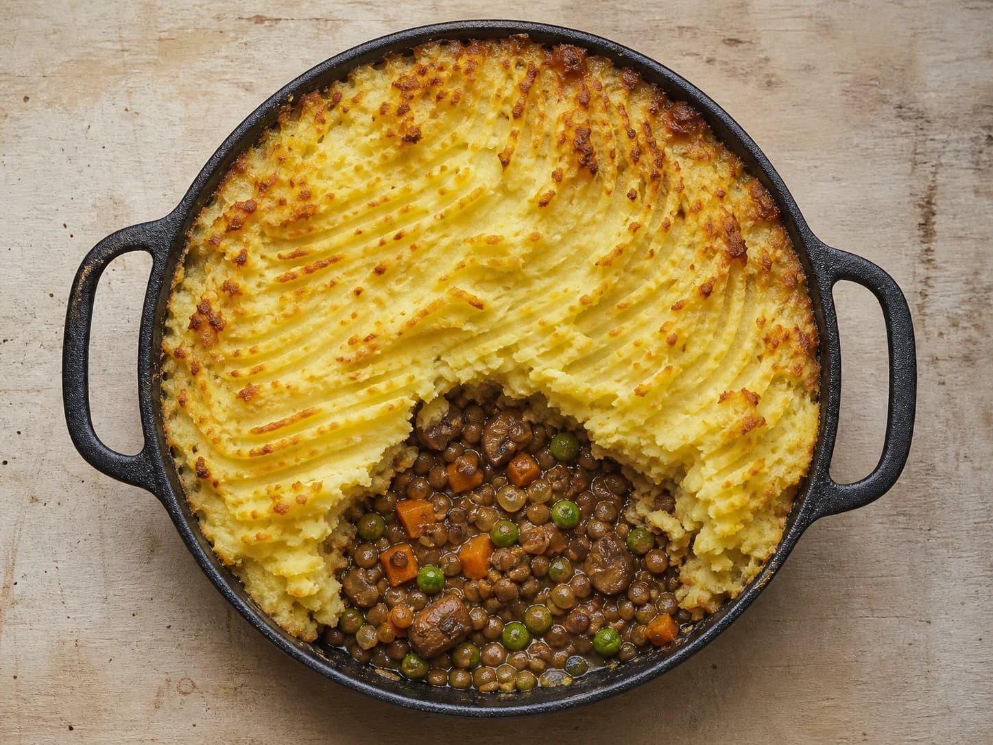 Overhead view of lentil-mushroom shepherd's pie, served as a family dinner.