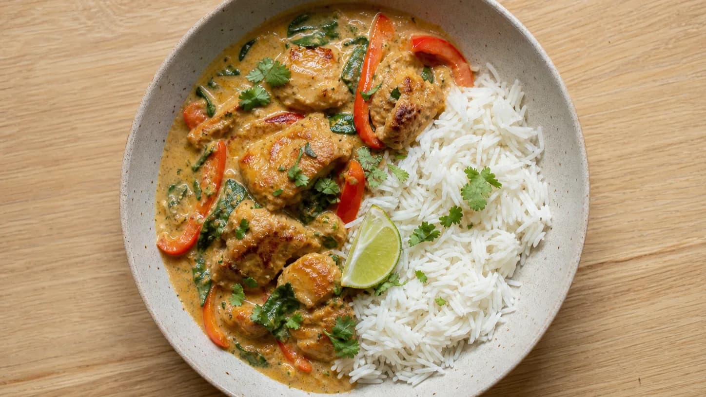 Mild coconut chicken curry with red pepper and spinach beside jasmine rice.