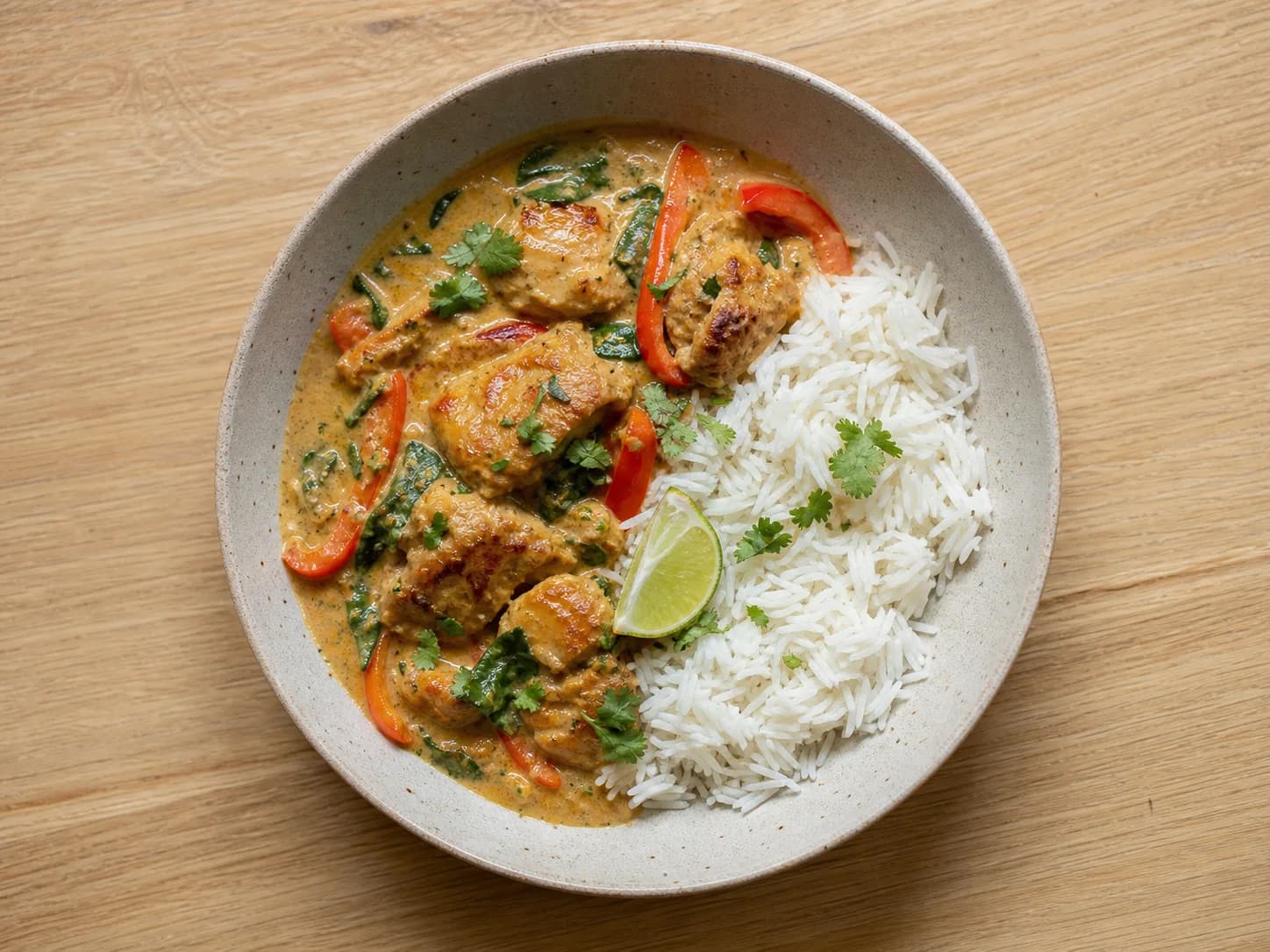 Mild coconut chicken curry with red pepper and spinach beside jasmine rice.