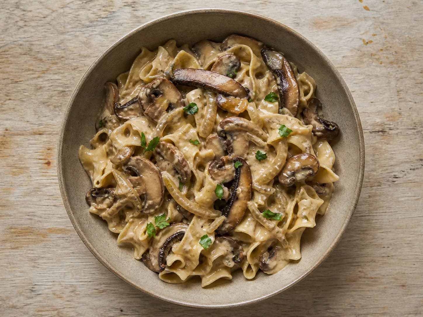 Overhead view of mushroom stroganoff & egg noodles, served as a family dinner.