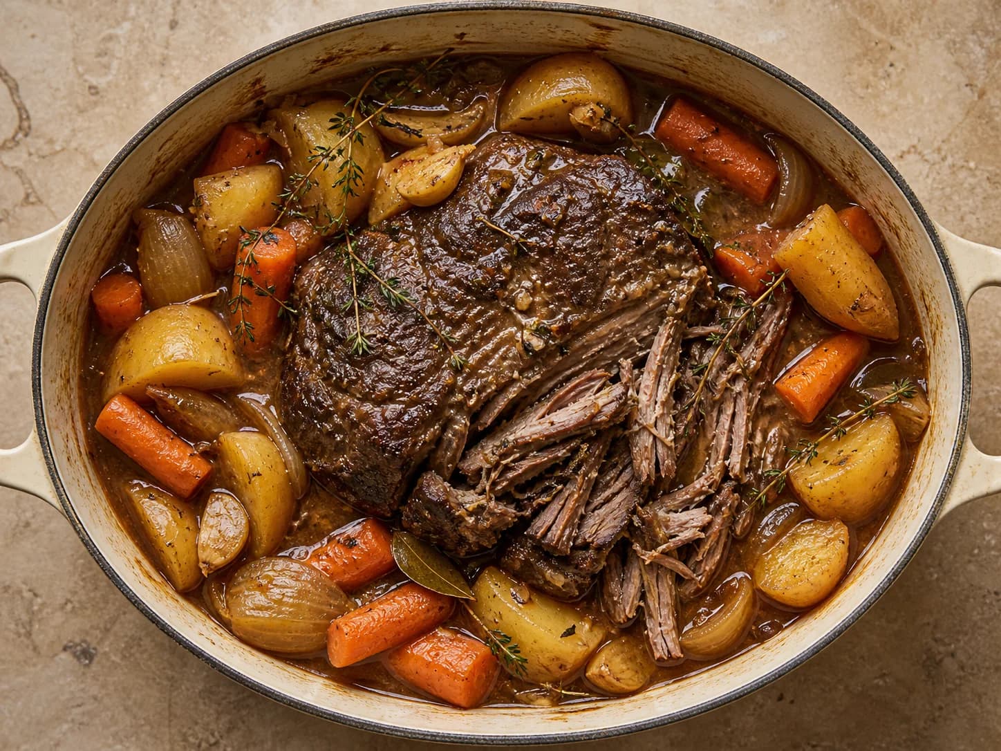 Overhead view of pot roast, carrots & potatoes, served as a family dinner.