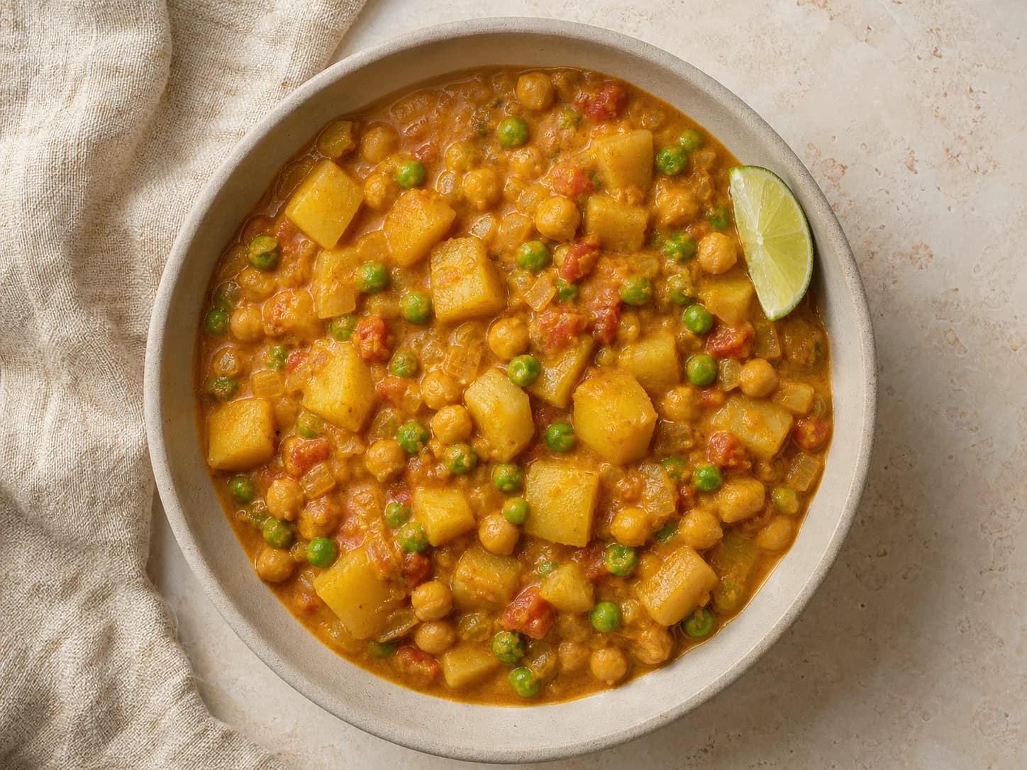 Overhead view of potato-chickpea curry with peas, served as a family dinner.